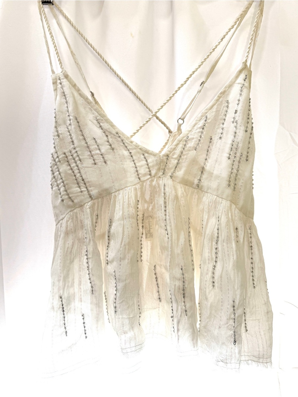 Free People Intimately Beaded Shimmering White Spaghetti-Strap Tank Top, Size M